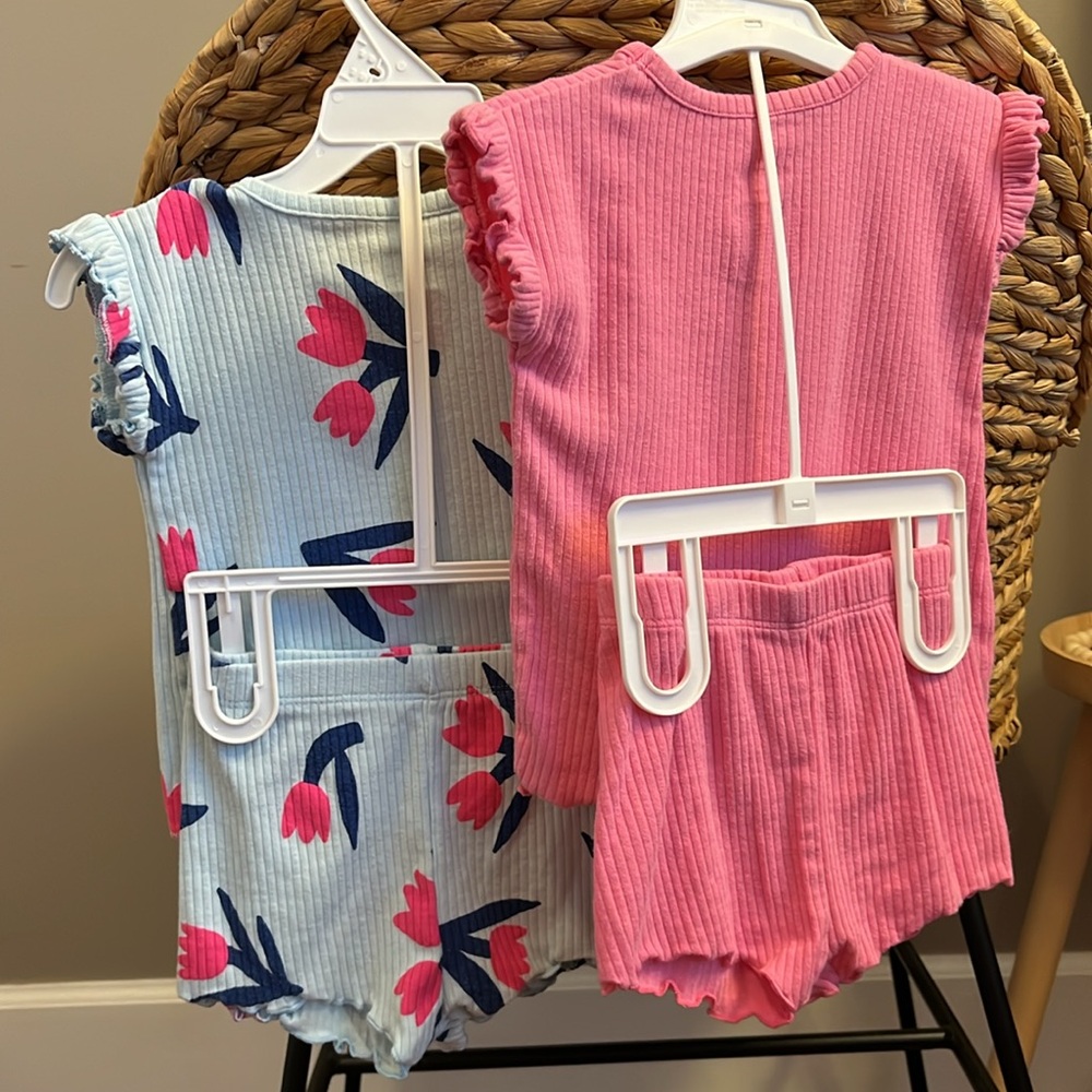 (2) Cat & Jack Baby Girl Ribbed Floral and Pink 2 Piece Short Sets 6-9M - Picture 5 of 7